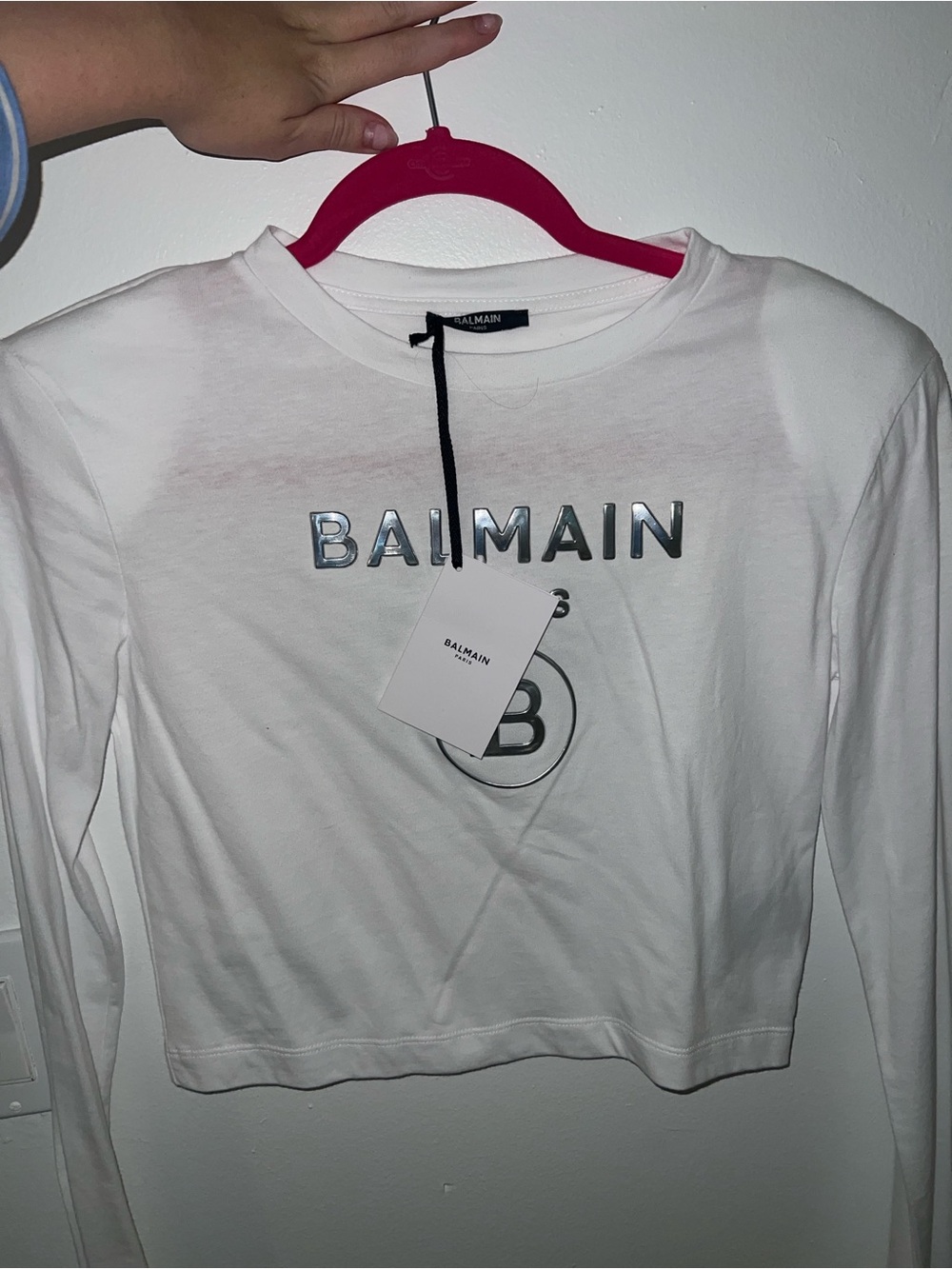 Balmain White Long-Sleeve Cropped Logo Tee